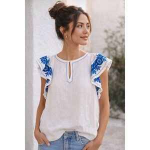 J.Crew White Blue Embroidered Linen Flutter Sleeve Top Sz XS Boho Coastal Greece